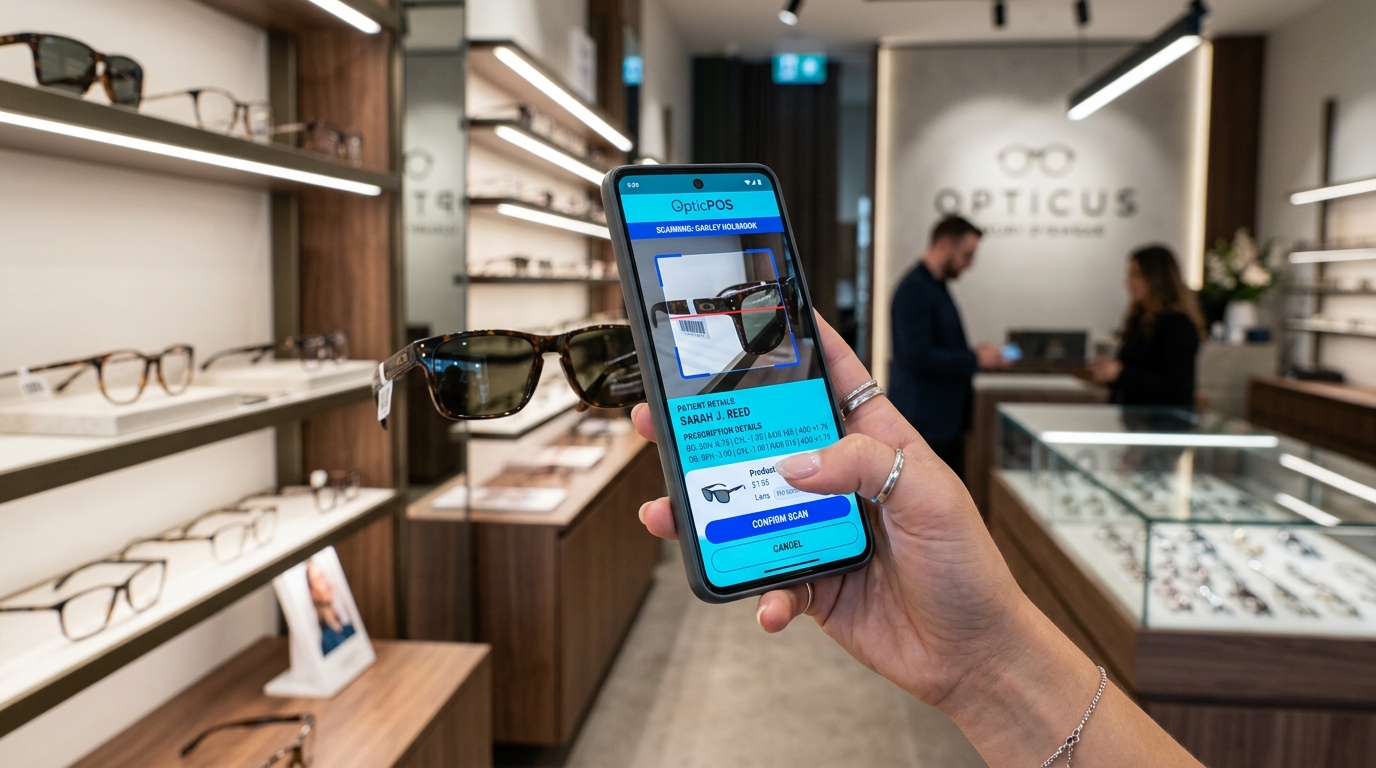 OpticPOS App Móvil Android escaneando lentes en óptica